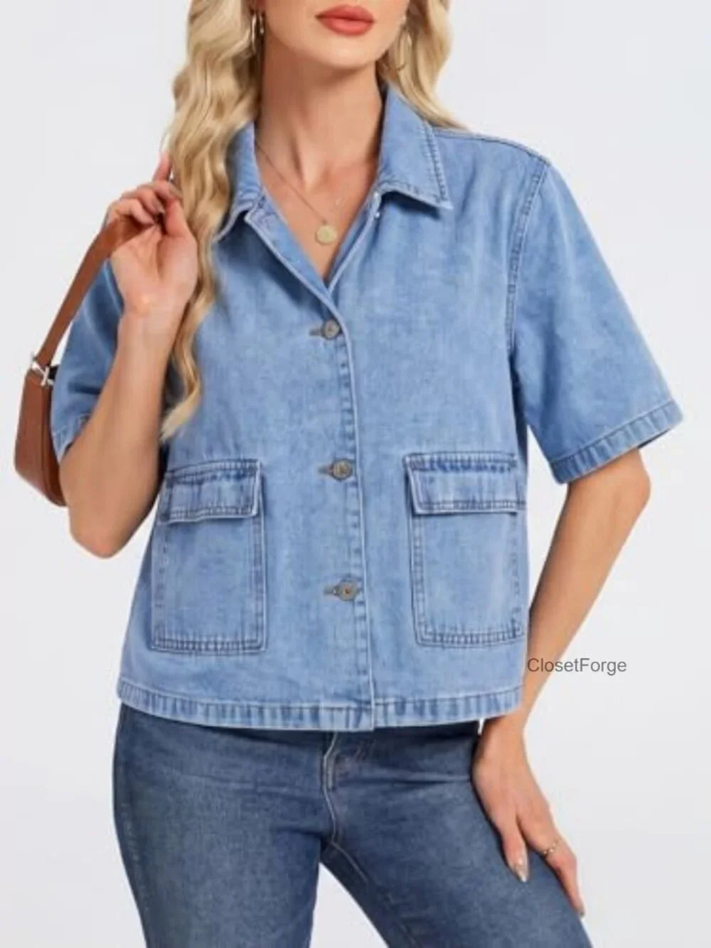 Short Sleeve Crop Denim Jacket Boxy Fit Collared Button Down With Pockets